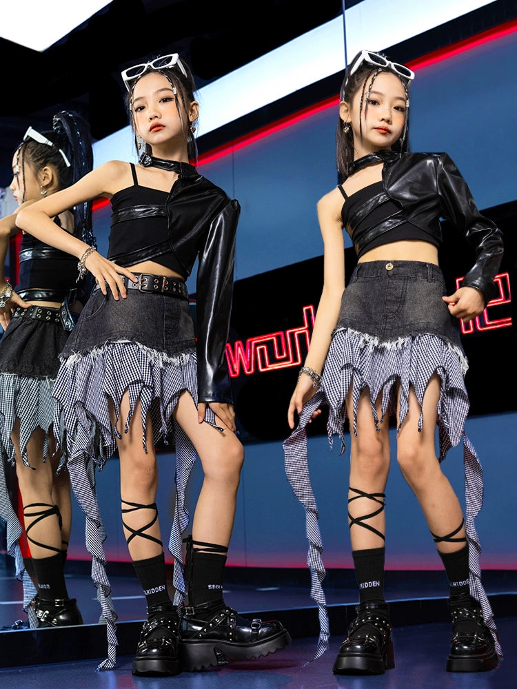 Girls Jazz Dance Costume Kids Street  Hip Hop Rappers Singers Party Show Carnival Dance Catwalk Trendy Clothing Irregualr Skirt One Shoulder Top - Moderndancedress.com