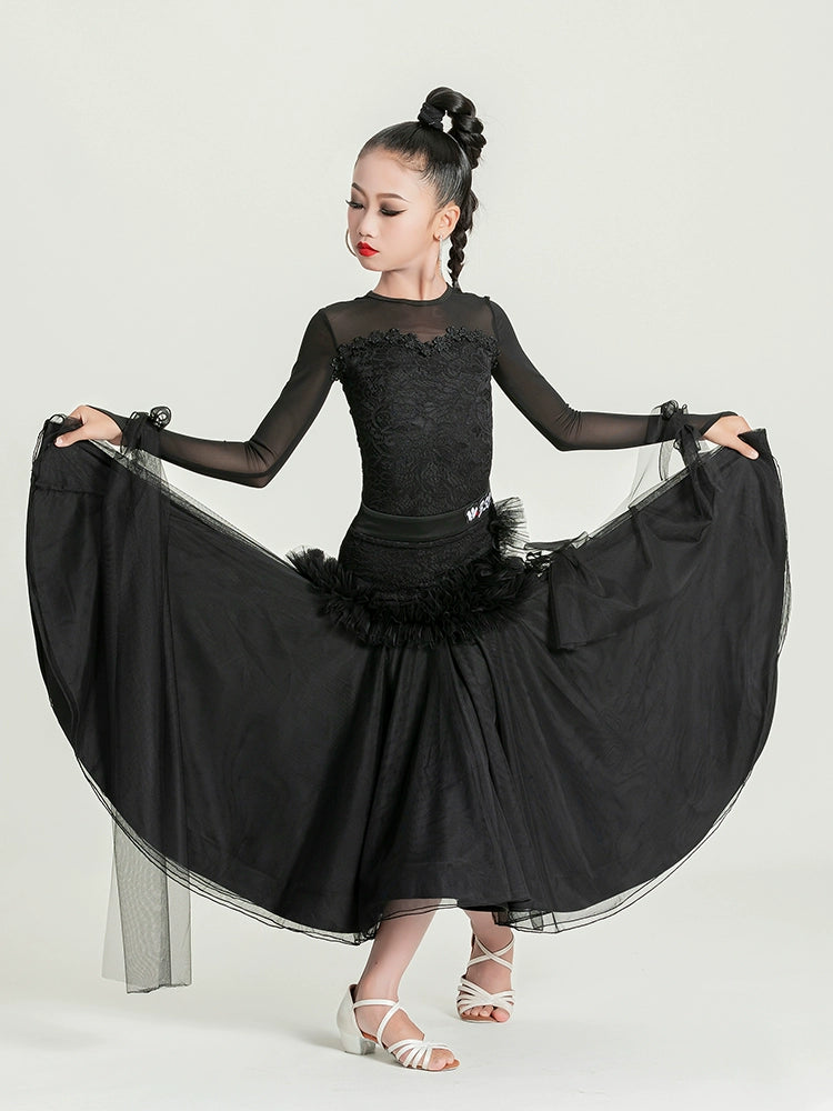 Modern ballroom dance dresses for girls kids black lace flowy children's waltz tango dance big swing skirt  competition suit - Moderndancedress.com