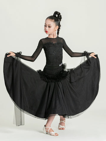 Modern ballroom dance dresses for girls kids black lace flowy children's waltz tango dance big swing skirt  competition suit - Moderndancedress.com