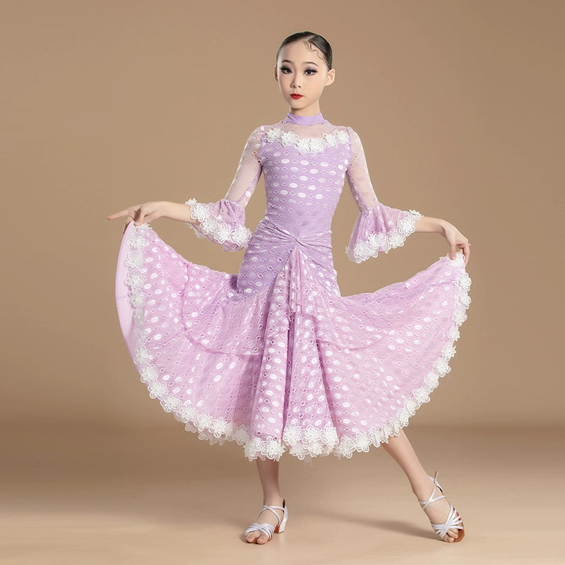 Purple lace Modern Ballroom dance dresses for girls kids children Waltz ballroom tango Practice Clothes Training Dance Skirts for girl - Moderndancedress.com