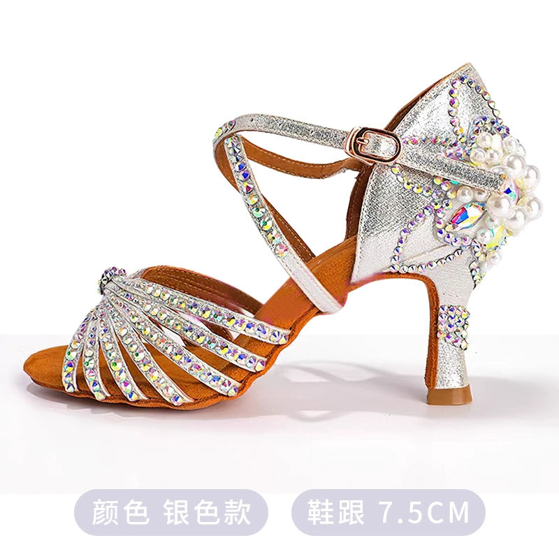 Competition Bronze Silver Sparkling Latin Dance Shoes for Women Girls Kids Competition Salsa Rumba Cha Cha Jive Performance Sandals Soft Soles Indoor Style - Moderndancedress.com