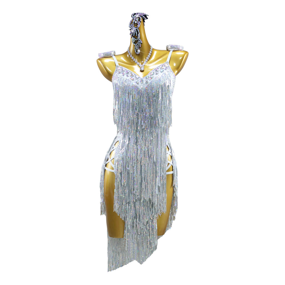 Silver Sequin Glitter Latin Dance Dresses for Women Girls Salsa Rumba Chacha Blackpool Dancing Costumes - Moderndancedress.com