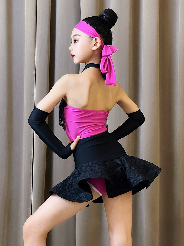 Black with fuchsia fringe Latin dance dresses for kids girls salsa ballroom latin dance practice suit - Moderndancedress.com