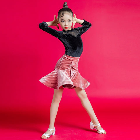 Girls Blue Yellow Velvet Latin Dance Dresses Kids Children Pink Salsa Chacha Rumba Practice Clothes Modern Dance Outfits - Moderndancedress.com
