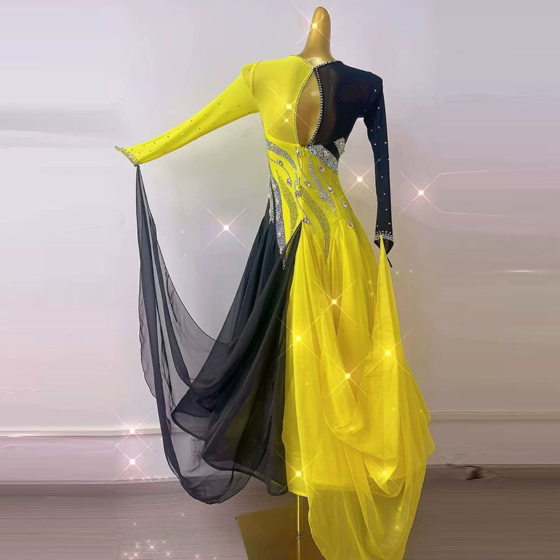 Custom Size Women's Competition Ballroom Dance Dresses Black Yellow Rhinestones Waltz Tango Gown