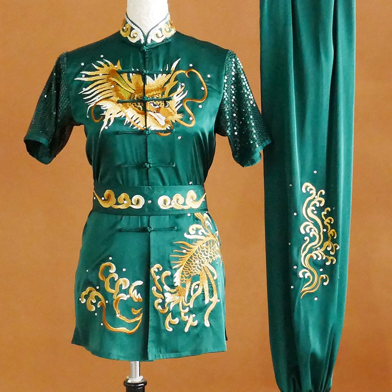 Dark Green Martial Arts Clothes for Unisex Wushu Tai Chi Uniforms Short-sleeved Embroidered Dragon Phoenix Long Fist Exam Clothing - Moderndancedress.com