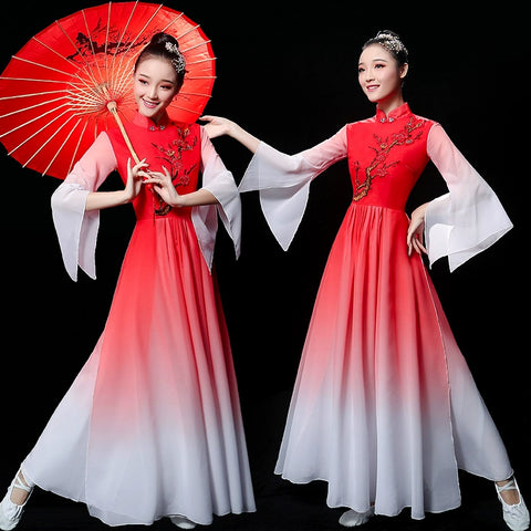 Chinese Folk Dance Costume Classical Dance Costume Chinese Wind Fairy Umbrella Dance Modern Dance Costume with Long Skirt Adults - 