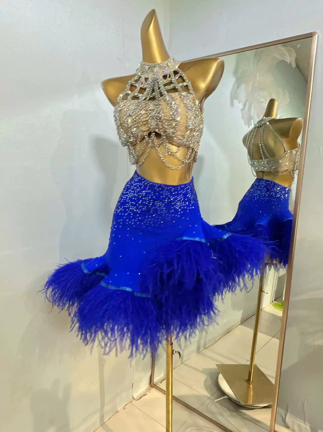 Custom Size Competition Blue Pink Feather Latin Dance Dresses for Women Girls Salsa Rumba Chacha Dance Wear - Moderndancedress.com