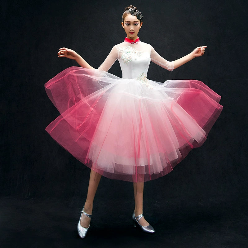 Chinese Folk Dance Costumes Opening Dance Dress chorus costume long skirt adult woman in Classical Dance Costume - Moderndancedress.com