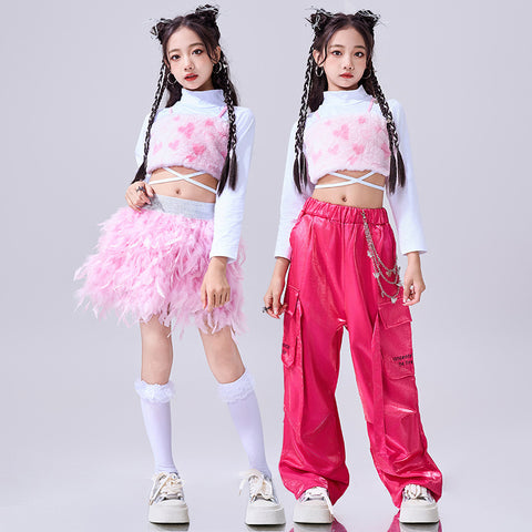 Girls Hiphop Dance Costumes Pink Feather Kids Jazz Gogo Rapper Singers Street Dance Suit Walk Show Outfits