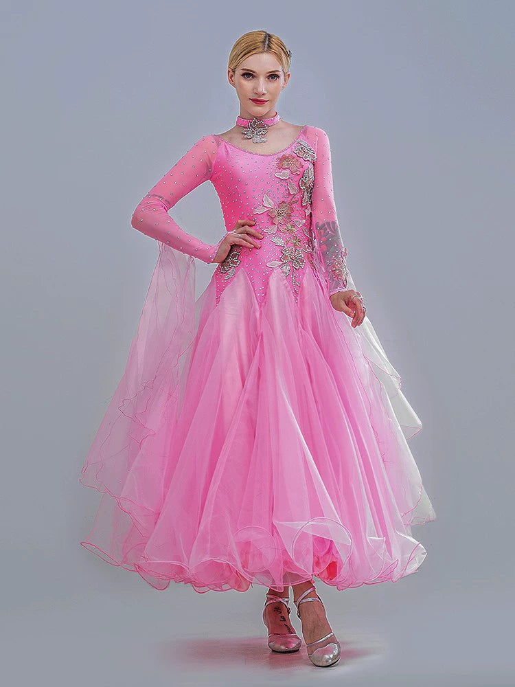 Modem ballroom dance dresses for women girls pink diamond ballroom dancing competition gown waltz tango foxtrot dancing skirt - Moderndancedress.com