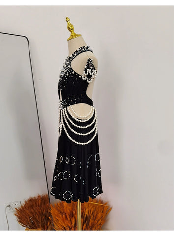 Girls Latin Dance Dresses for Kids Purple Black Pearls Diamond Salsa Rumba Chacha Performance Costumes