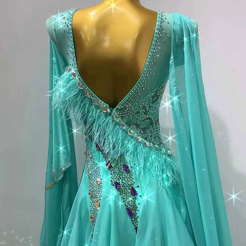 Customized Size Turquoise Competition Ballroom Dance Dresses for Women Girls Waltz Tango Foxtort Rhythm Dance Long Gown