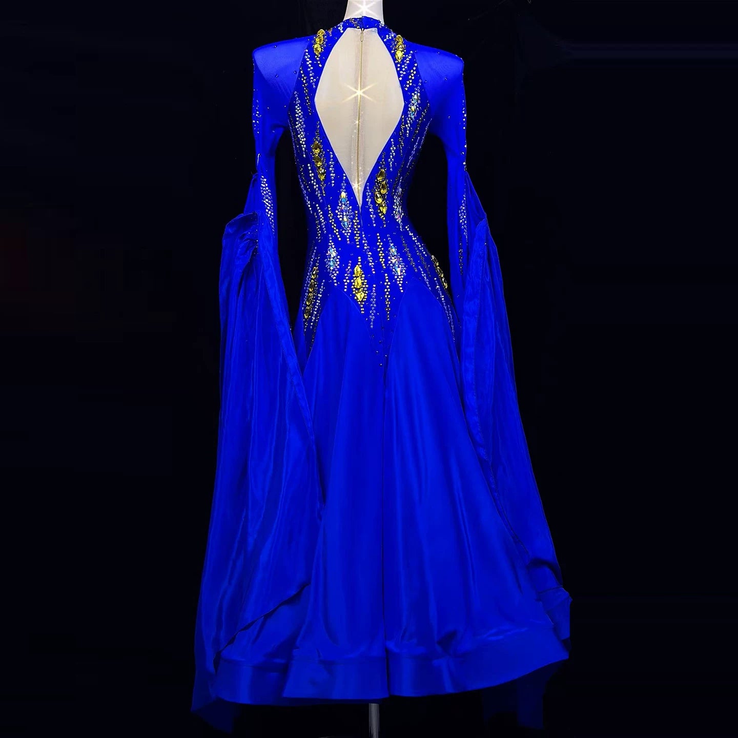 Custom Size Royal Blue Ballroom Competition Dress Gold Rhinestone Waltz Smooth Gown