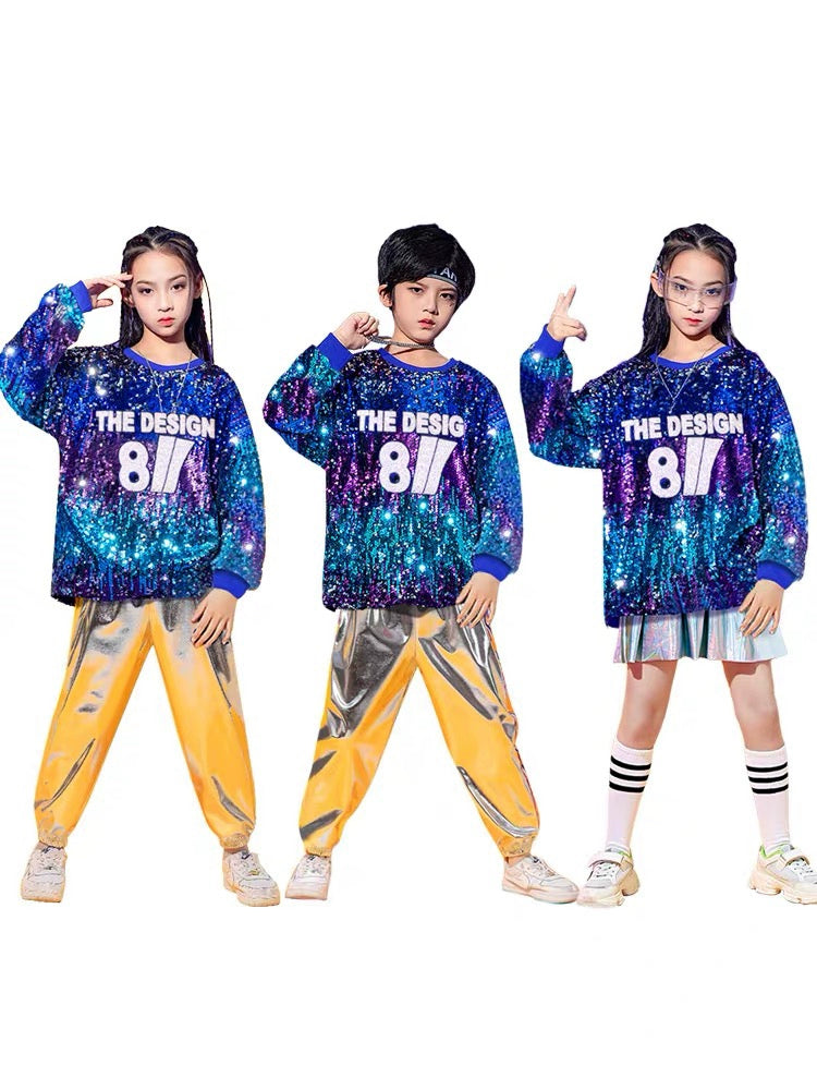 Children's Silver Blue Sequins Hip Hop Jazz Dance Costumes Boys Girls Street Dance Clothing Gogo Dancers Stage Performance Outfits for Kids - Moderndancedress.com