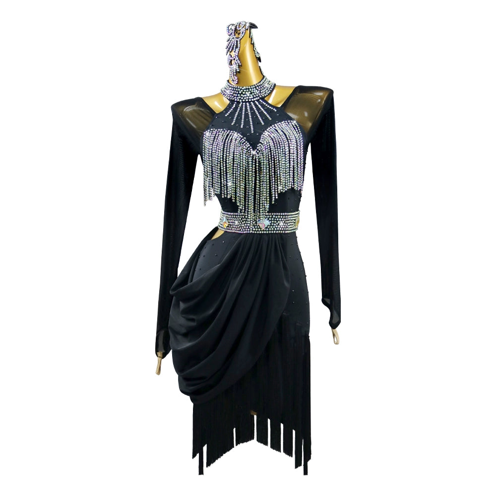 Black fringe competition Professional Latin Dance dresses for women girls salsa rumba chacha gemstones Performance clothes - Moderndancedress.com