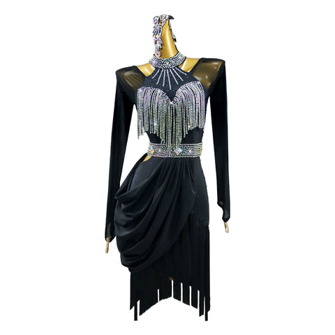 Black fringe competition Professional Latin Dance dresses for women girls salsa rumba chacha gemstones Performance clothes - Moderndancedress.com