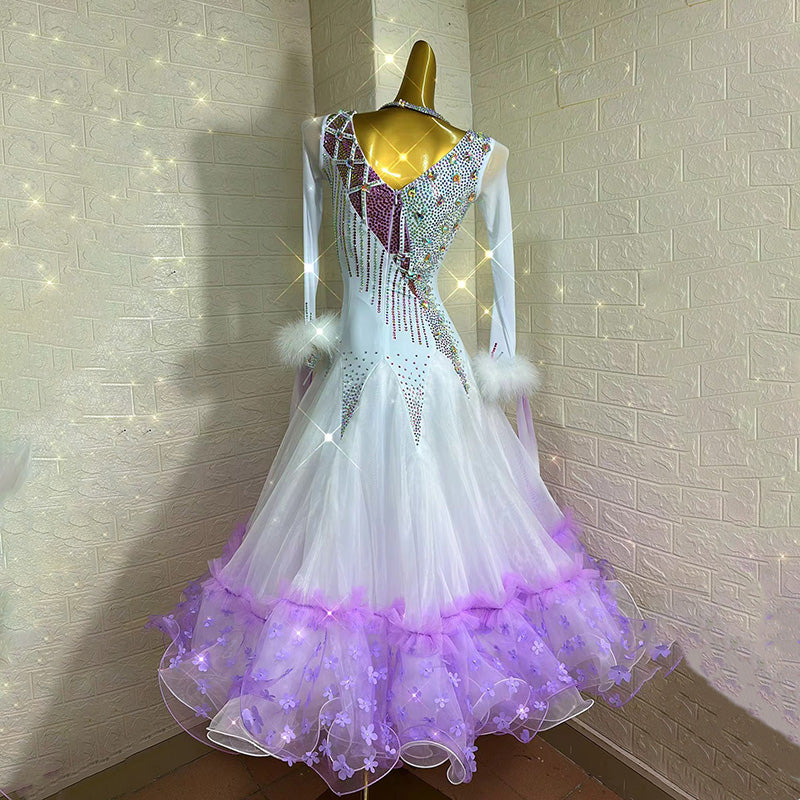 Customized Size Light Purple Crystals Competition Ballroom Dance Dresses for Women Girls Rhythm Smooth Foxtrot Waltz Performance Gown - Moderndancedress.com