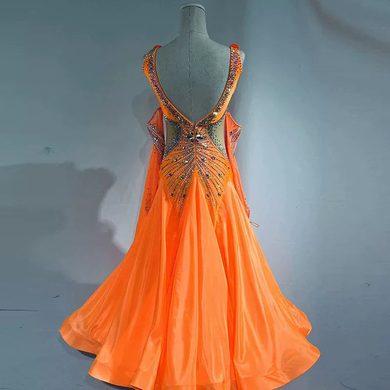 Customized Orange Competition Ballroom Dance Dress Foxtrot Rhythm Waltz Performance Bling Gown