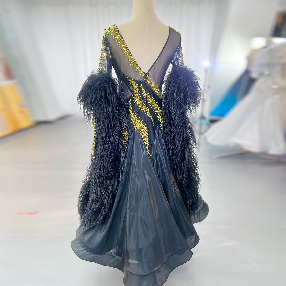 Custom Black and Gold Ballroom Competition Dress with Feathers