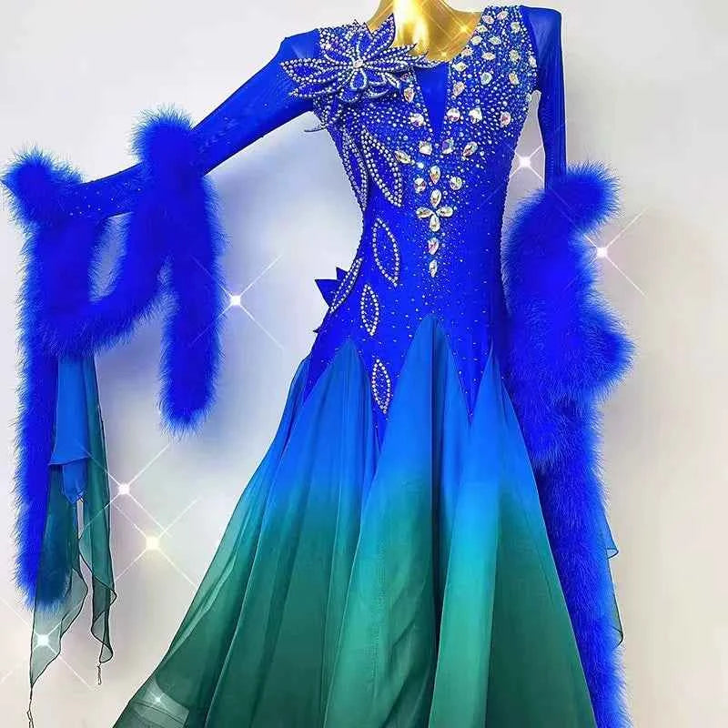 Customized Size Feather Competition Ballroom Dance Dresses for Women Girls Blue Dark Green Waltz Tango Foxtrot Dance Gown