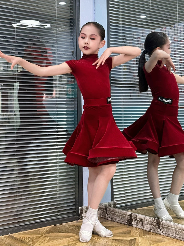 Children girls Latin dance dresses pink purple short-sleeved  ultra-thin velvet test competition ballroom latin salsa performance clothing - Moderndancedress.com