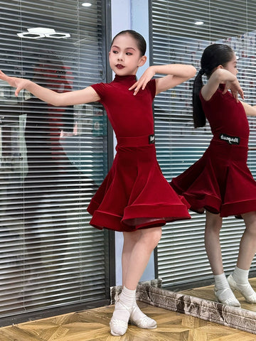 Children girls Latin dance dresses pink purple short-sleeved  ultra-thin velvet test competition ballroom latin salsa performance clothing - Moderndancedress.com