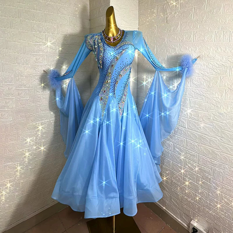 Custom Size Blue Ballroom Dance Dress Crystal Waltz Tango Dance Gown with Float