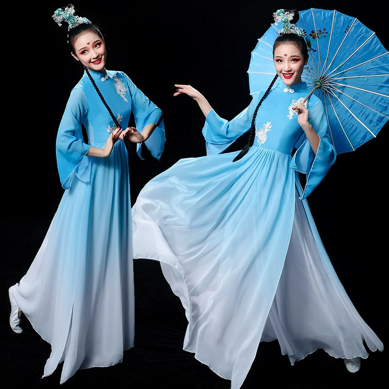 Chinese Folk Dance Costume Chinese Fan Umbrella Dance Modern Dance Costume Long Skirt Fairy Adult - Moderndancedress.com