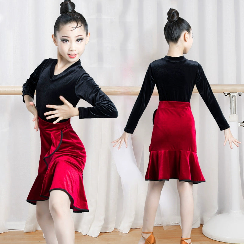 Girls Latin Dance Dresses Children's Latin dance clothes Latin dance practice clothes girl's Latin dance skirt split long sleeve gold velvet test - Moderndancedress.com