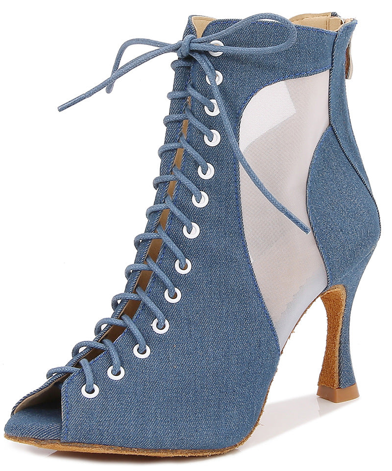 Denim Latin ballroom Dance Shoes for girls Women's Middle Heel Hollow Jazz Dance Sandals Soft Sole performance Boots - Moderndancedress.com