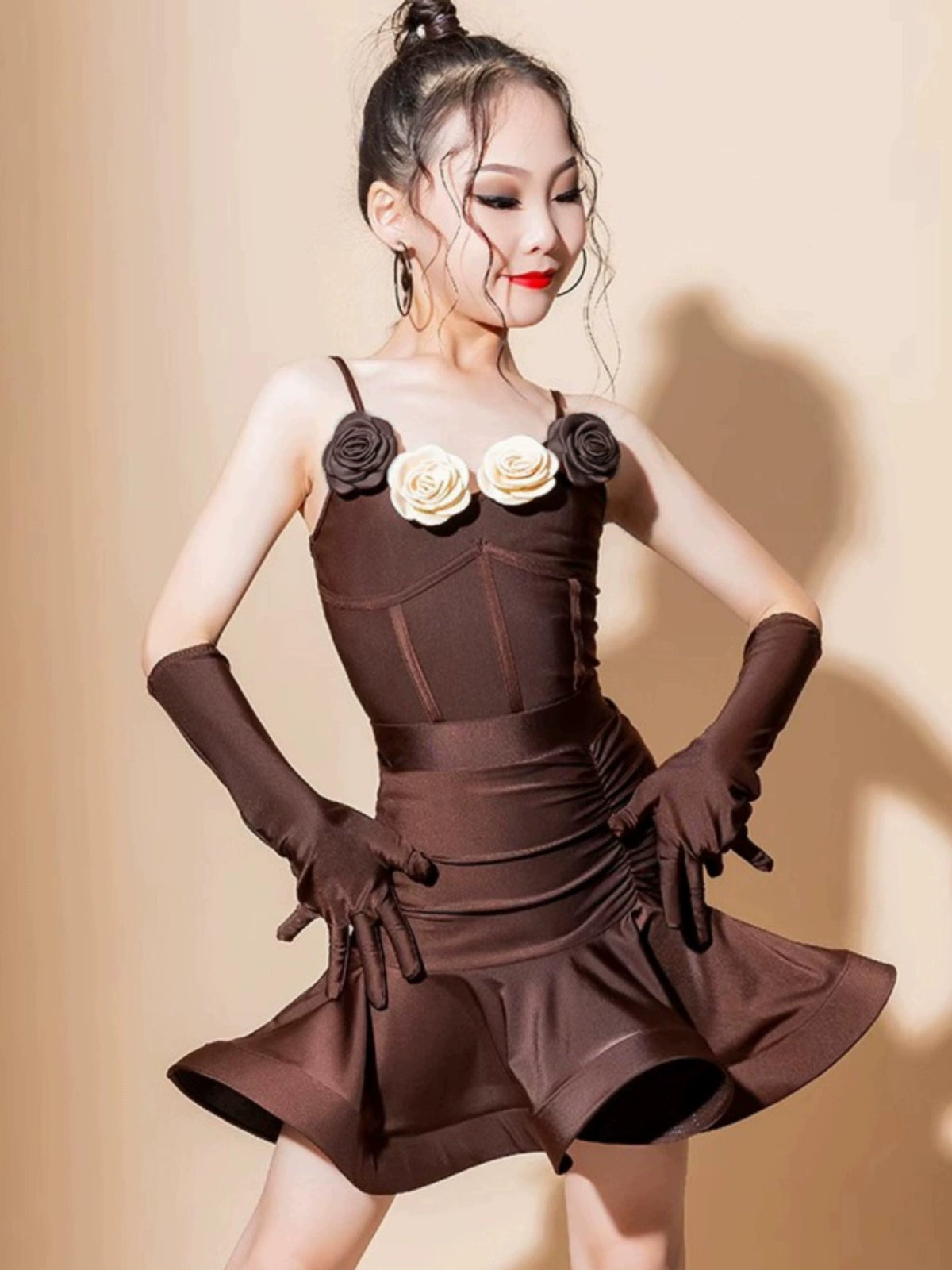 Girls coffee color Latin ballroom dance dresses kids art test grade competition clothes modern dance skirts for children - Moderndancedress.com