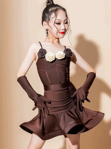 Girls coffee color Latin ballroom dance dresses kids art test grade competition clothes modern dance skirts for children - Moderndancedress.com