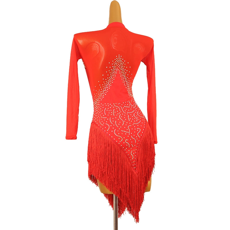 White Red Blue Fringe  Latin Dance Dress for Women Girls Purple Long Sleeves Rhinestones Competition Performance Rumba Chacha Dancing Costumes for Female - Moderndancedress.com