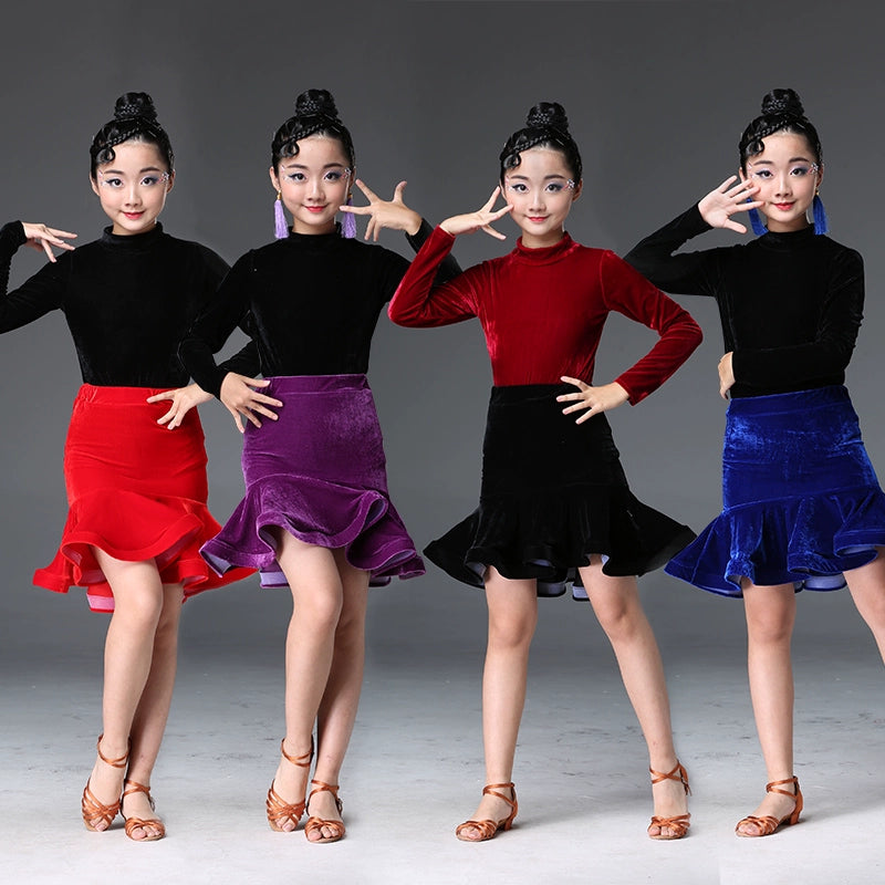 Children&amp;apos;s Latin dance dress women children&amp;apos;s long sleeve girls&amp;apos; professional split skirt competition clothing