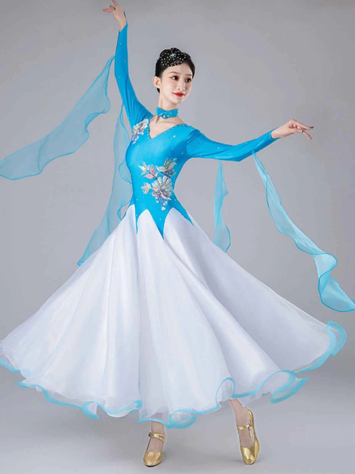 Women's Blue ballroom dance Dresses girls waltz tango foxtrot smooth performance costumes for Female - Moderndancedress.com
