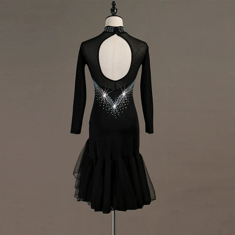 Latin Dance Dresses professional high-end drill-inlaid Rumba three-step performance clothes Rhinestones Long Sleev Dress - Moderndancedress.com