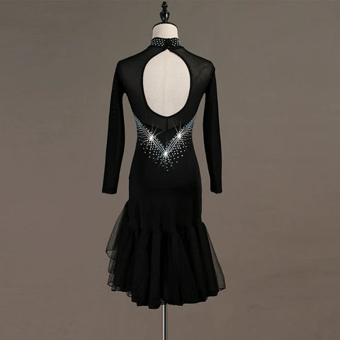 Latin Dance Dresses professional high-end drill-inlaid Rumba three-step performance clothes Rhinestones Long Sleev Dress