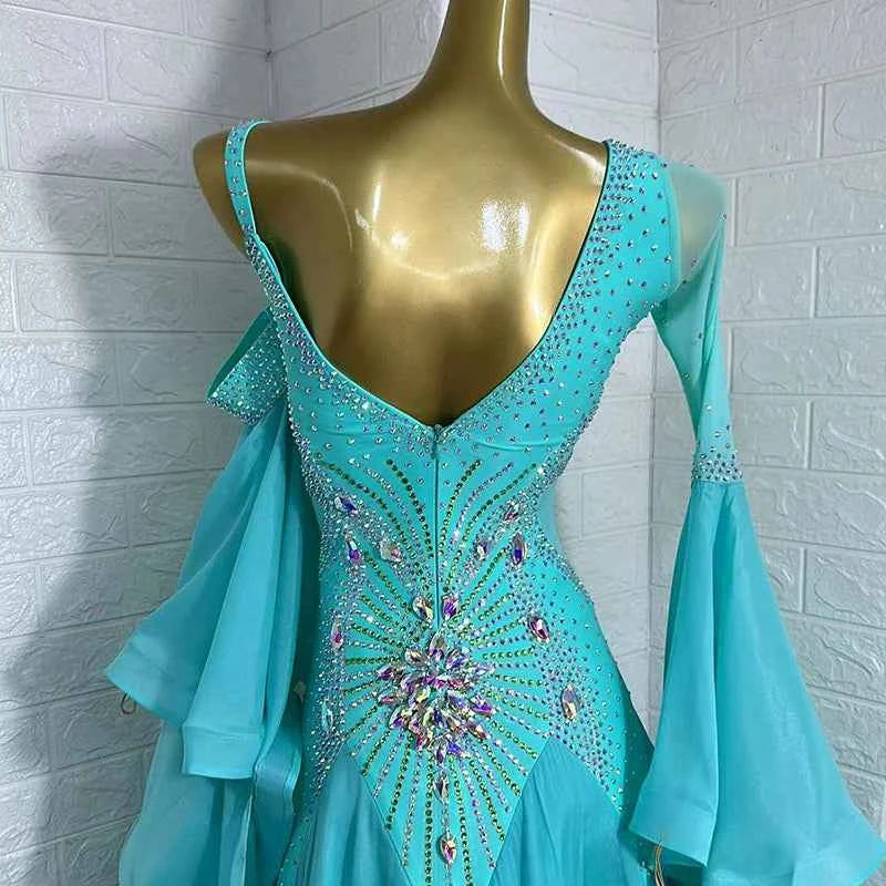 Custom Size Women's Blue Ballroom Dance Dress Competition Waltz Long Skirt