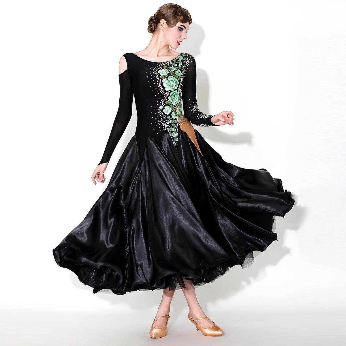 Green Peony Flower Ballroom Dance Dress for Women Girls Slant Neck Rhythm Smooth Waltz Tango Satin Gown - Moderndancedress.com