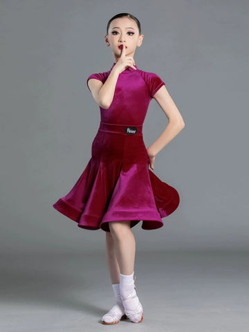 Latin Dance Competition dresses for kids girls wine green Short Sleeves Standard ballroom latin Competition Suit