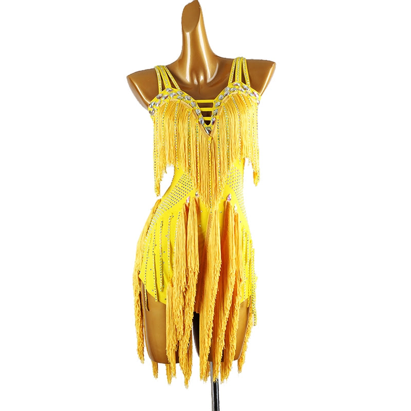 Competition Latin dance dress for women young girls yellow black tassels bling salsa rumba chacha solo performance clothing - Moderndancedress.com