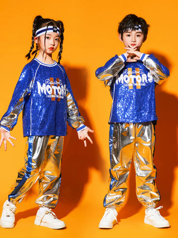 Children's Cheerleading Costumes Silver Blue Sequins Jazz Hip Hop Street Outfit for Girls Boys Opening Ceremony Jazz Dance Outfits for Kids - Moderndancedress.com