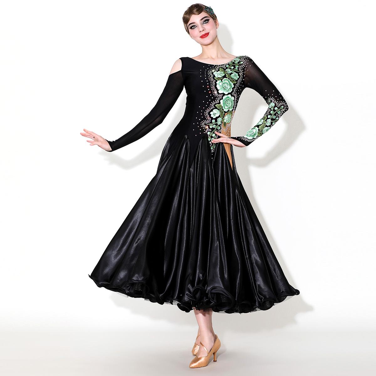 Green Peony Flower Ballroom Dance Dress for Women Girls Slant Neck Rhythm Smooth Waltz Tango Satin Gown - Moderndancedress.com