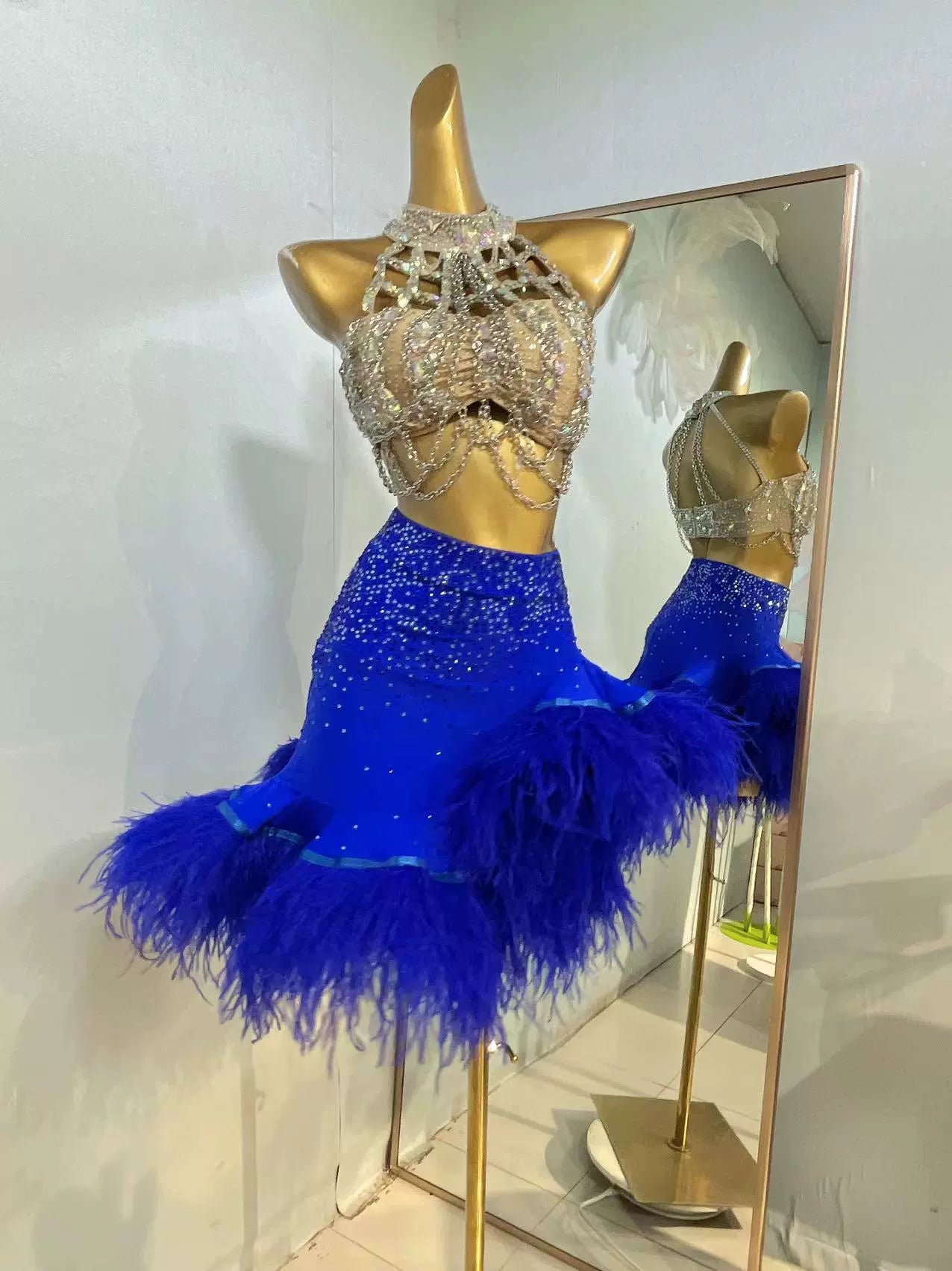 Custom Size Competition Blue Pink Feather Latin Dance Dresses for Women Girls Salsa Rumba Chacha Dance Wear - Moderndancedress.com