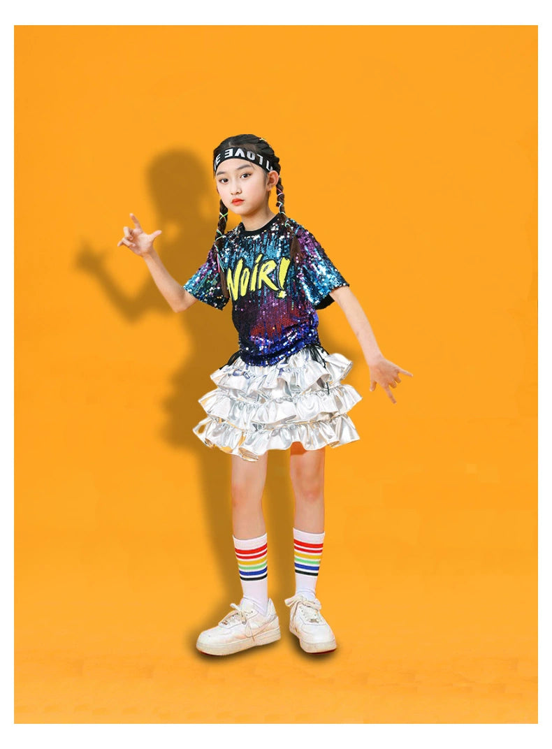 Children Blue Silver Sequins Jazz Dance Costumes for Boys Girls Street Rapper Singer Party Drum Hip Hop Dance Stage Performance Clothing Modern Dance Outfits - Moderndancedress.com