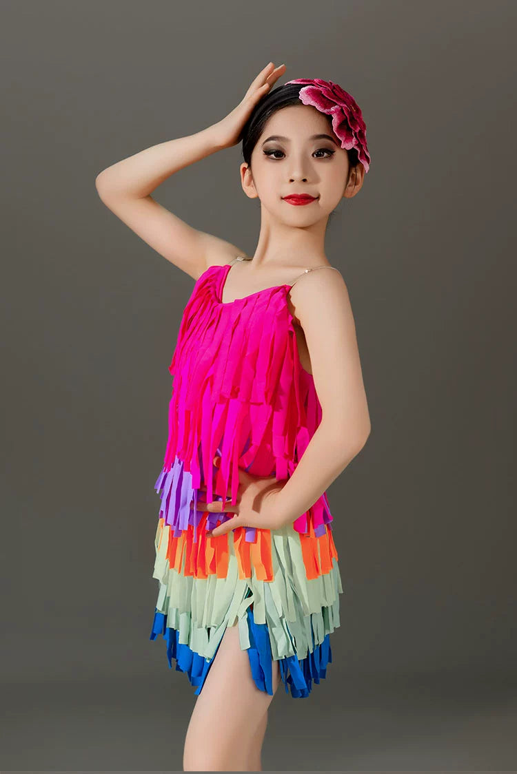 Children rainbow fringe competition Latin dance dresses kids girls ballroom salsa rumba chacha  performance clothes - Moderndancedress.com