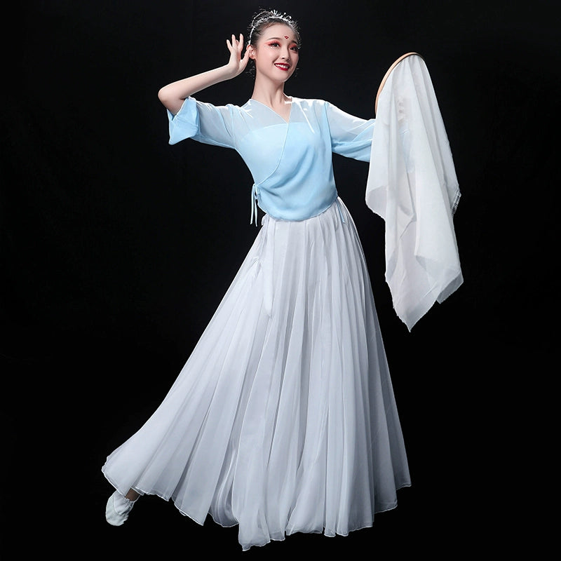 Chinese Folk Dance Costume Classical Dance Costume Chinese Wind Training Gongfu Modern Dance Costume Fan Long Skirt Fairy Adult - 