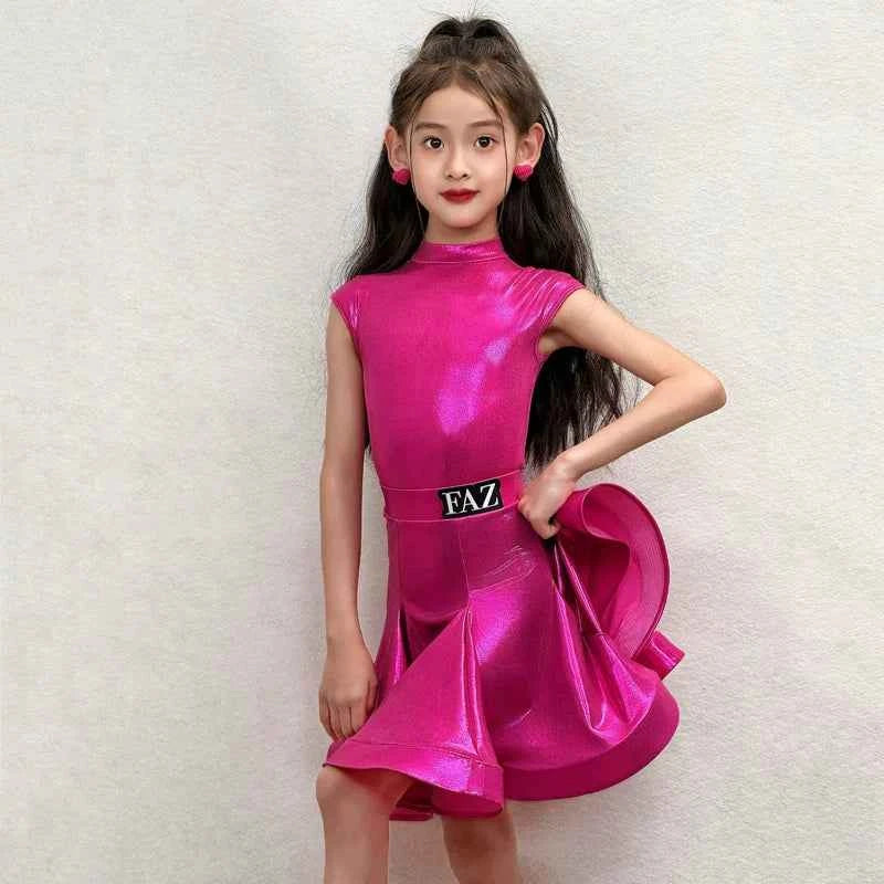 Girls Gold Hot Pink Glitter Latin Dance Dresses Kids Ballroom Salsa Grade Regulations Perform Clothes