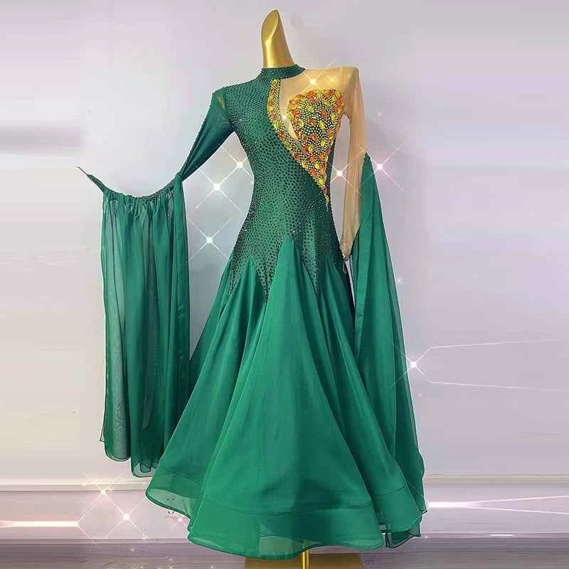Custom Size Women's Green Ballroom Dance Dresses Gold Stones Smooth Dance Long Skirt